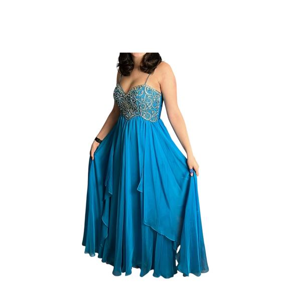 Dave & Johnny Cobalt Turquoise Beaded Rhinestone Flowy Draped Gown Prom Ball 3/4 - Picture 3 of 4